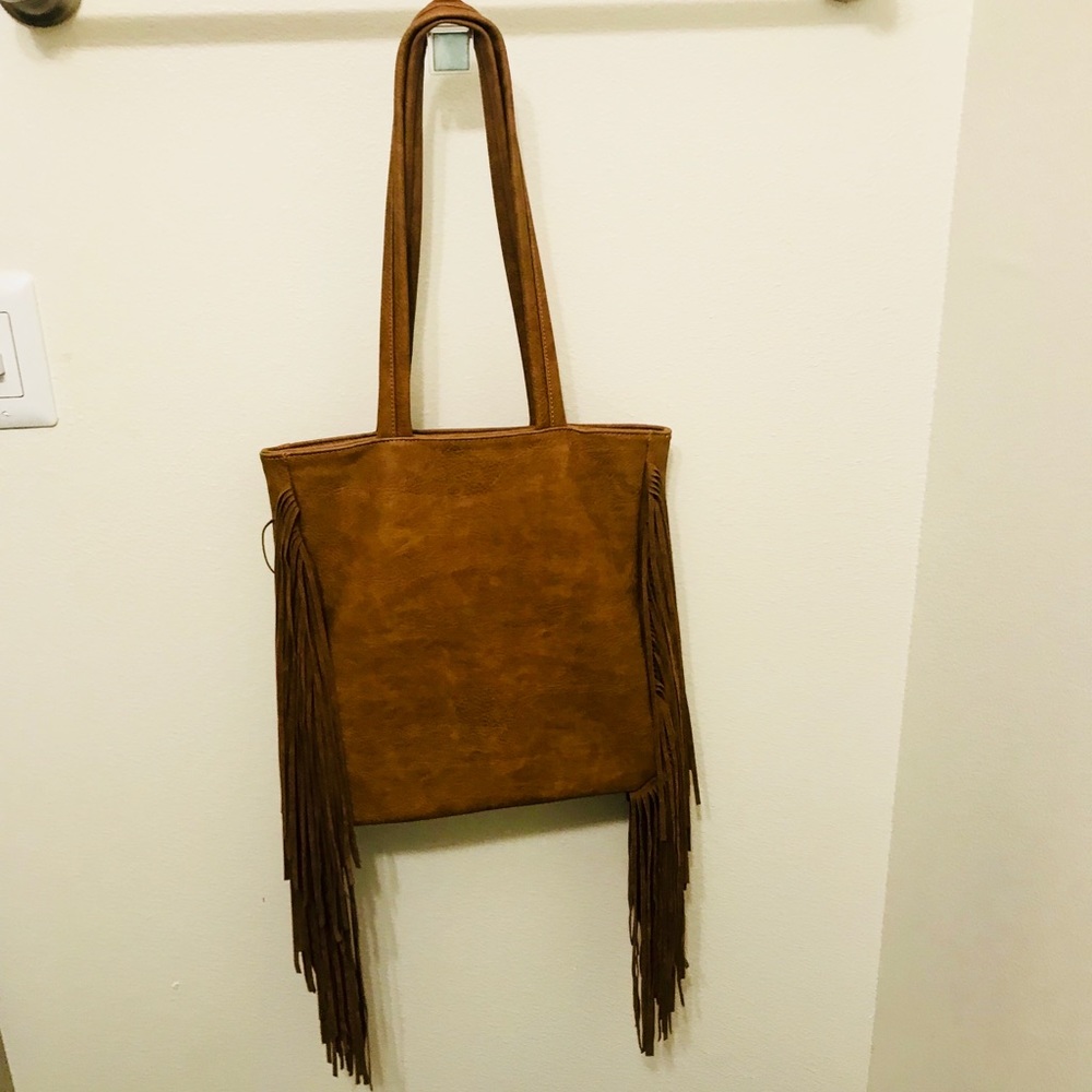 Brown faux leather purse with suede fringe